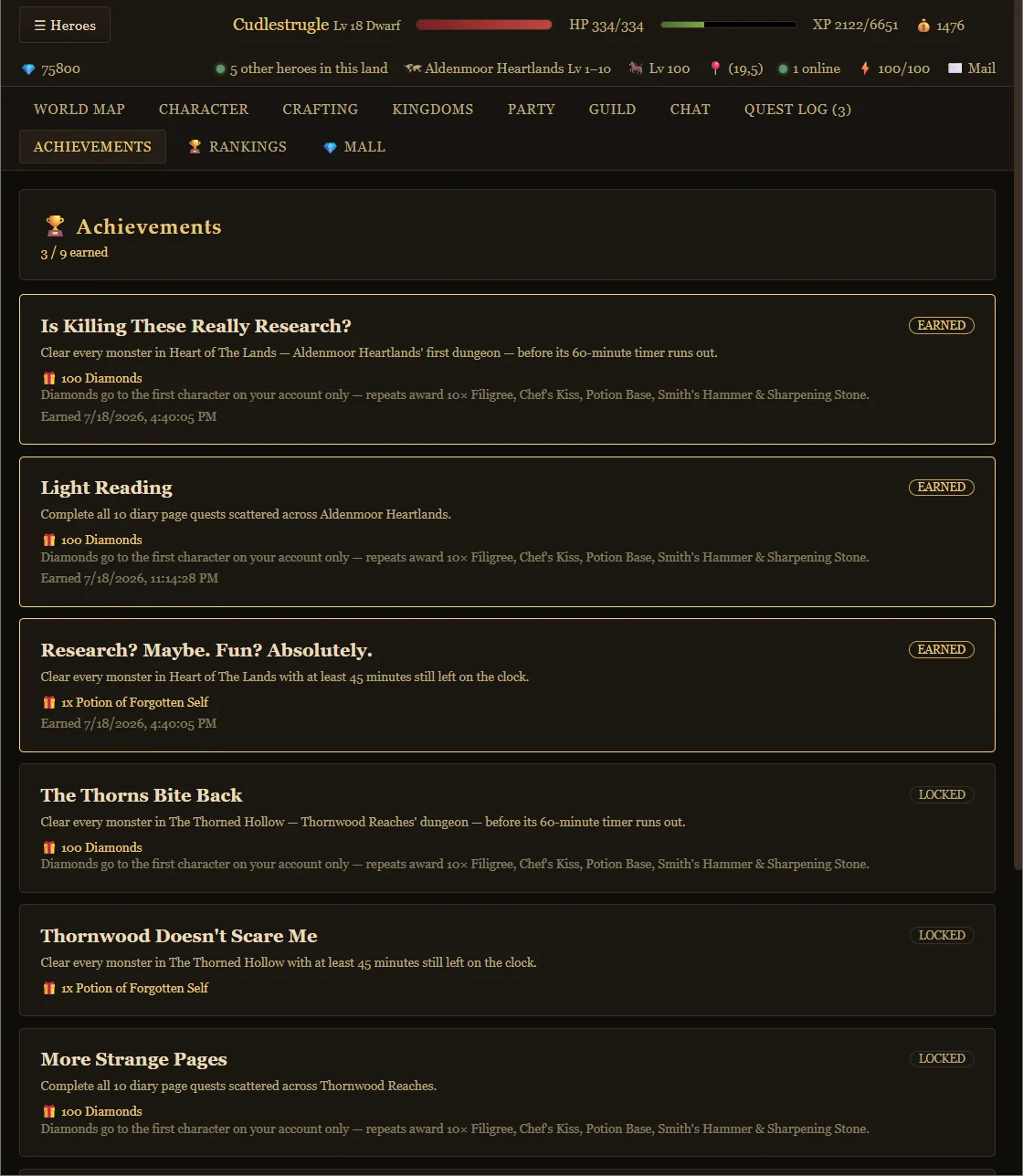 The Hero&rsquo;s Ark achievements screen, showing earned and locked achievements alongside their Diamond and item rewards and the date each was earned.