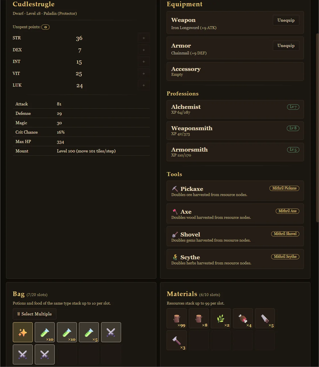A Hero's Ark character sheet for a level 18 Dwarf Paladin, showing the five core attributes, derived stats, equipped gear, crafting professions and gathering tools.
