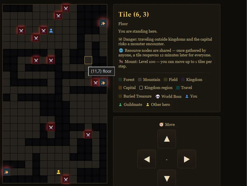 A Hero's Ark dungeon floor in Heart of The Lands, with monster and treasure tiles spread across the map beside the tile detail panel.