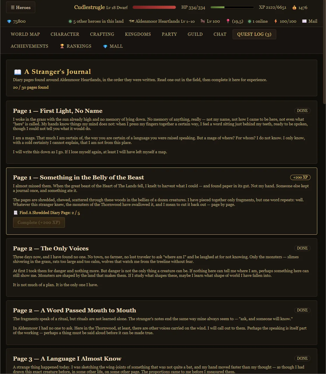 The Hero&rsquo;s Ark quest log showing A Stranger&rsquo;s Journal &mdash; diary pages found across Aldenmoor Heartlands, each with its story text, completion state and experience reward.