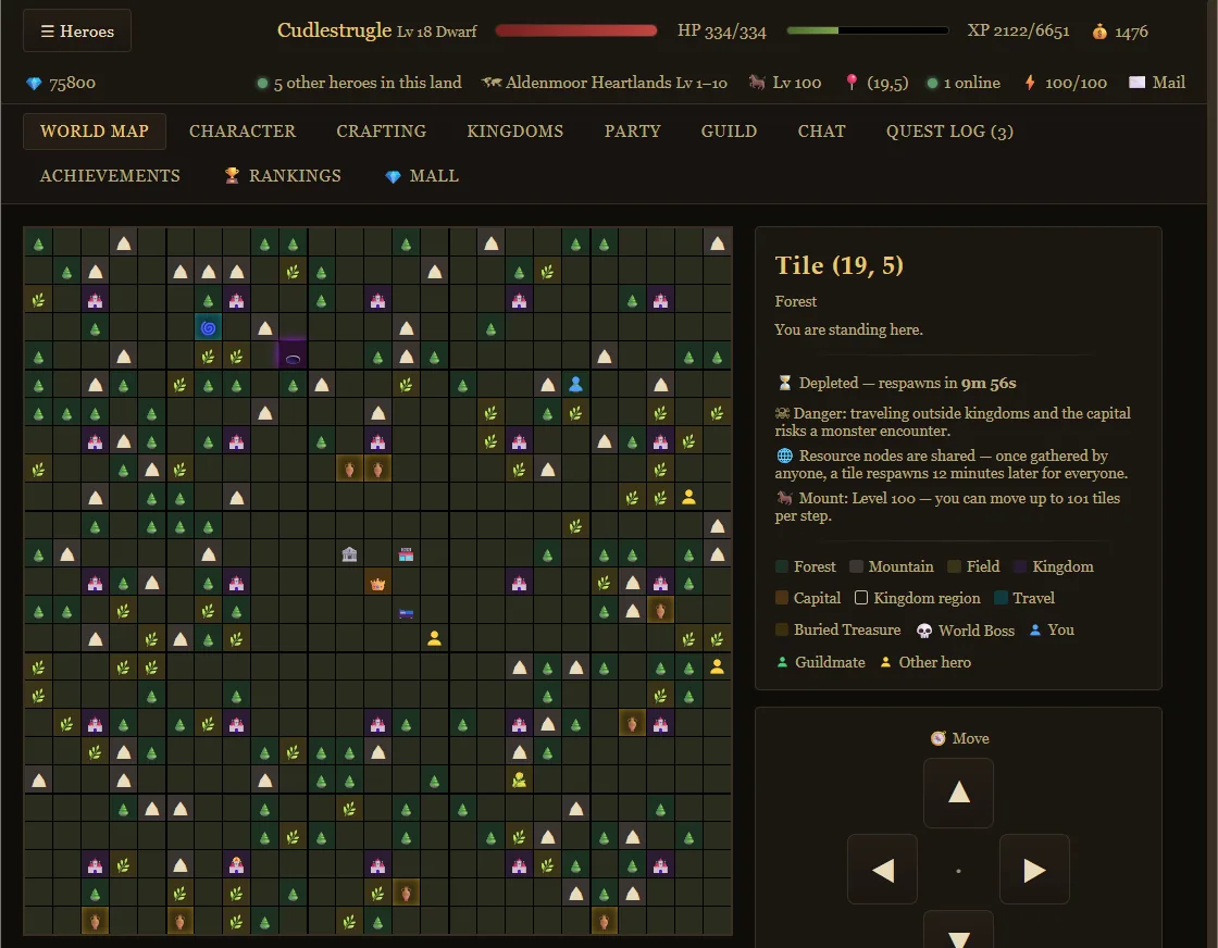The Hero's Ark world map: a 25×25 grid of forest, mountain, field and kingdom tiles in Aldenmoor Heartlands, with the selected tile's details and movement controls alongside.